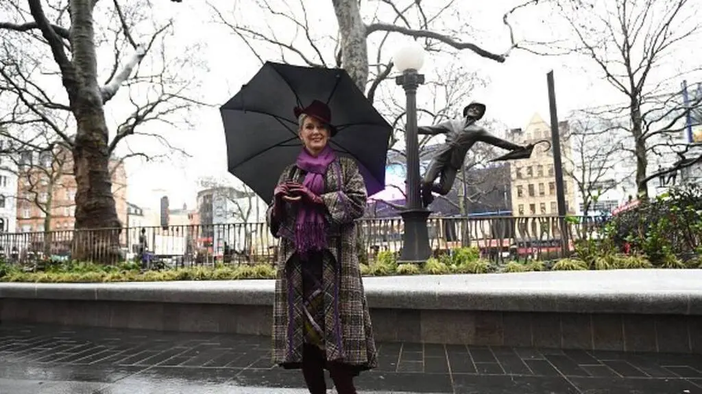 Patricia Kelly at the unveiling of a bronze statue of her late husband, Singing' in the Rain star Gene Kelly, in London's Leicester Square in 2020